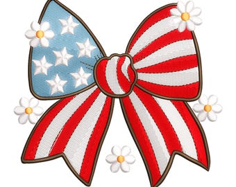 American Flag Bow Embroidery Design, American Flag Bow with Flower Machine Embroidery Design, Patriotic Red White Blue Bow Embroidery File.