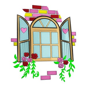 Può includere: Ricamo di una finestra con persiane aperte, un cuore su ogni persiana e uno sfondo di muro di mattoni. La finestra è adornata da rose rosse e rosa e da viti verdi. Il muro di mattoni presenta mattoni rossi, rosa e gialli.