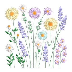 Flower Embroidery Design, Wildflower Meadow Machine Embroidery Design, Daisy and Clover Embroidery Pattern, Meadow Wild Flowers PES File.