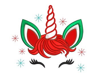 May include: A red and green Christmas unicorn face with a candy cane horn and snowflakes. The unicorn has black eyelashes and a red mane.