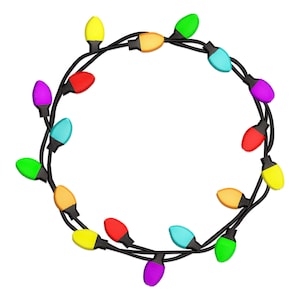 Op de afbeelding: Een string met kleurrijke kerstverlichting in een cirkelvorm, met een witte achtergrond.