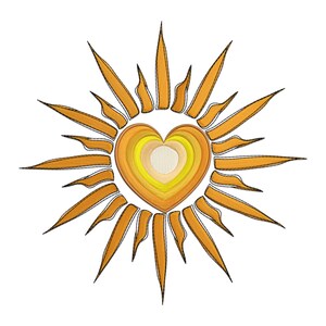 May include: A stylized sun with a heart-shaped center. The sun is orange and yellow with a black outline. The heart is layered with shades of orange, yellow, and white.