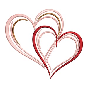 Könnte beinhalten: Zwei ineinander verschlungene Herzen, eines rot und eines rosa, mit einer braunen Umrandung. Die Herzen sind stilisiert und haben ein fließendes, elegantes Design.