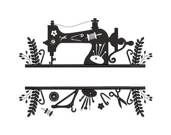 May include: Black silhouette of a sewing machine with various sewing tools and floral accents. The machine is on a black bar with a second black bar below it. The bottom bar has more sewing tools and floral accents.