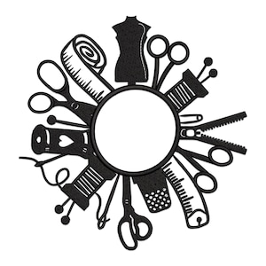 May include: Black and white illustration of various sewing and tailoring tools arranged in a circle around a blank space. The tools include scissors, a tape measure, a needle and thread, a zipper, and a dress form.