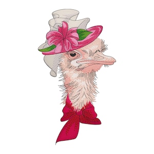 Ostrich Embroidery Design, Ostrich Bird in a hat Machine Embroidery Design, Ostrich Birds Embroidery File, Animal Embroidery Design