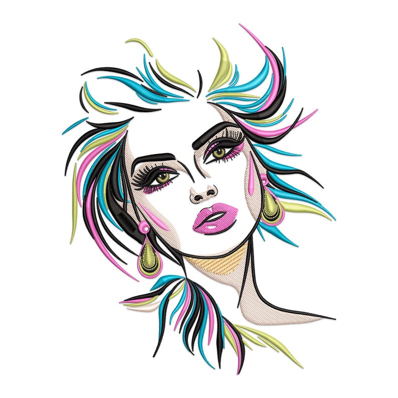 Puede incluir: Una ilustraci&oacute;n de l&iacute;nea de arte colorida de la cara de una mujer con labios rosados, ojos azules y verdes y cabello largo y fluido con rayas rosas, azules y verdes. Lleva grandes pendientes de aro dorados.