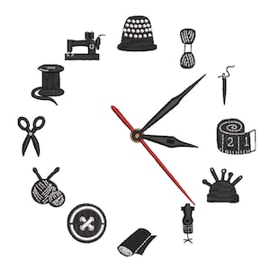 May include: A wall clock featuring black embroidered sewing icons as hour markers, including a sewing machine, thimble, yarn, needle, measuring tape, pincushion, dress form, fabric, button, knitting needles, scissors, and thread spool, with black and red hands.
