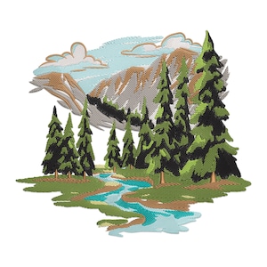 Può includere: Disegno ricamato di una catena montuosa con un fiume che scorre attraverso una foresta di pini verdi. Il cielo è blu con nuvole bianche.