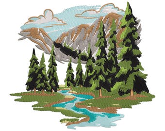 May include: Embroidered design of a mountain range with a river flowing through a forest of green pine trees. The sky is blue with white clouds.