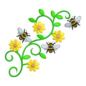 Può includere: Un design decorativo con fiori gialli, viti verdi, foglie e tre api. Le api hanno strisce nere e gialle e ali bianche. I fiori hanno petali gialli e centri marroni. Il design è su sfondo bianco.
