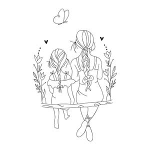May include: A black and white line drawing depicting a mother and child seated together on a swing. The figures are viewed from behind. A butterfly and floral details are also incorporated into the artwork.