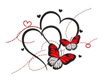 Butterfly With Hearts Embroidery Design, Red Butterfly With Hearts together Valentine Machine Embroidery Design, Love Embroidery File,