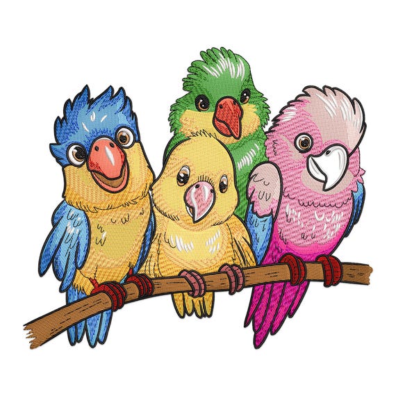 Parrot Embroidery Design, Colorful Parrots are sitting on a branch Machine Embroidery Design, Colorful Bird Embroidery File.
