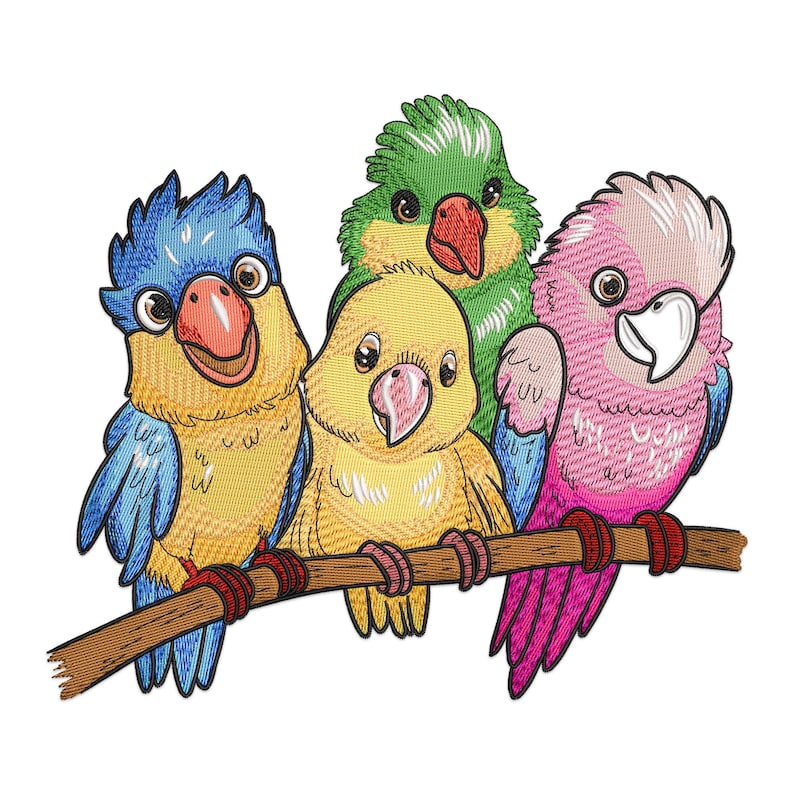 Peut inclure: Quatre oiseaux de dessin anim&eacute; color&eacute;s perch&eacute;s sur une branche. Les oiseaux sont bleus, verts, jaunes et roses. Ils sourient tous et regardent le spectateur.