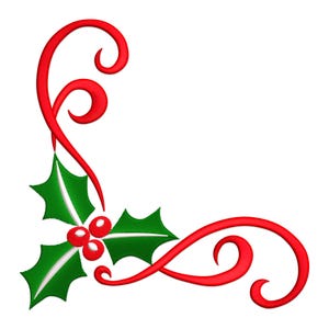 May include: A corner design featuring a sprig of holly with three red berries and green leaves, accented by red swirling ribbons. The design is set against a white background, perfect for holiday crafts.