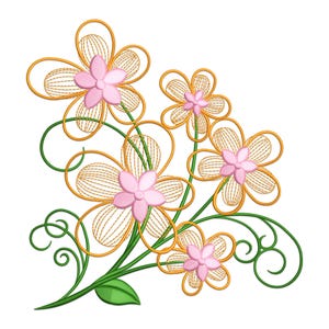Flower Embroidery Design, Pink & Yellow Line Art Floral Machine Embroidery Design, Whimsical Flower Embroidery Pattern, Flowers PES File.
