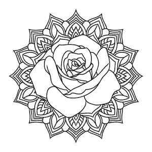 May include: A black and white line drawing of a rose mandala. The central rose is encircled by a detailed, symmetrical pattern. Ideal for colouring books, tattoos, or decorative art projects.