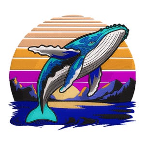 Whale Sunset Retro Embroidery Design, Blue Whale with Retro Sunset Machine Embroidery Design, Magic Whale Embroidery File
