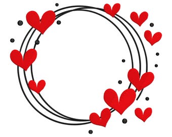 Valentine's Day Wreath with Red Hearts Machine Embroidery Design (Digital File)