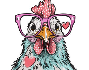 Funny Chicken with Sunglasses Embroidery Design (3.5-7.5 inch)
