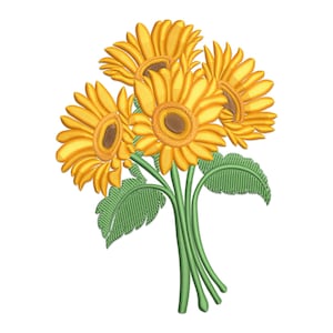 Può includere: Un bouquet ricamato di girasoli con petali gialli e centri marroni. Gli steli e le foglie sono verdi. I fiori sono disposti in un mazzo, con gli steli legati insieme.