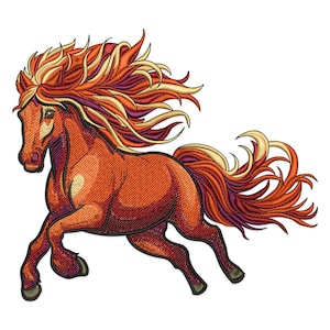 May include: A fiery orange and red horse with a flowing mane and tail. The horse is running with its head turned to the side.