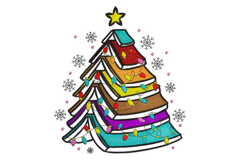 Books Christmas Tree Embroidery Design, Christmas Book Tree With