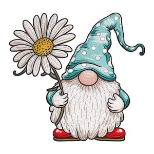 May include: A cartoon gnome with a blue and white polka dot hat holds a white daisy with a yellow center. The gnome has a white beard and red shoes.