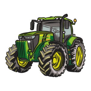 Könnte beinhalten: Ein grüner und schwarzer Traktor mit großen Reifen. Der Traktor hat einen gelben Streifen an der Seite und einen schwarzen Kühlergrill.