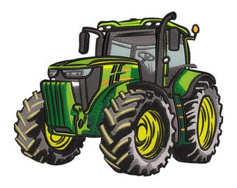 May include: A green and black tractor with large tires. The tractor has a yellow stripe on the side and a black grill.