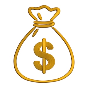 May include: A gold-colored money bag with a dollar sign. The bag is tied at the top and has a textured appearance. The dollar sign is also gold and has a textured design.