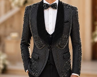 Custom luxe zwarte bruidegom trouwpak voor mannen, verfraaide smoking, slim fit sjaal revers 3-delig formeel galakostuum