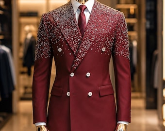 Custom bordeauxrode strass bruidegom smoking, double-breasted peak revers trouwpak heren, luxe slim fit blazer broek set schoolbal