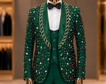 Custom Emerald Green Beaded Groom Tuxedo 3 Piece Slim Fit Wedding Suit, Shawl Lapel Luxury Blazer, Crystal Embellished Prom Suit