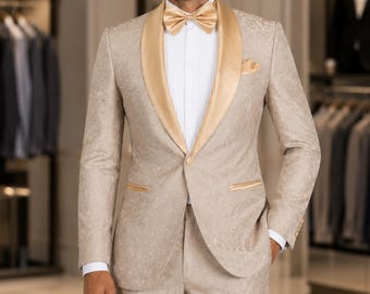 Custom champagne jacquard bruidegom smoking, satijnen sjaal revers trouwpak heren, luxe slim fit blazer broek set, formeel galapak