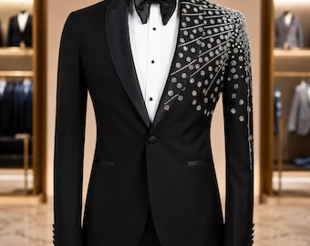 Custom zwarte kristallen bruidegom smoking, strass sjaal revers trouwpak heren, luxe slim fit blazer broek set, formeel galapak