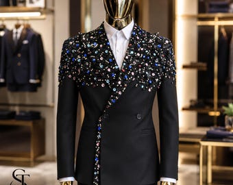 Custom luxe zwarte kristallen bruiloft smoking voor bruidegom, double-breasted peak revers pak, custom formele galajas herenkleding