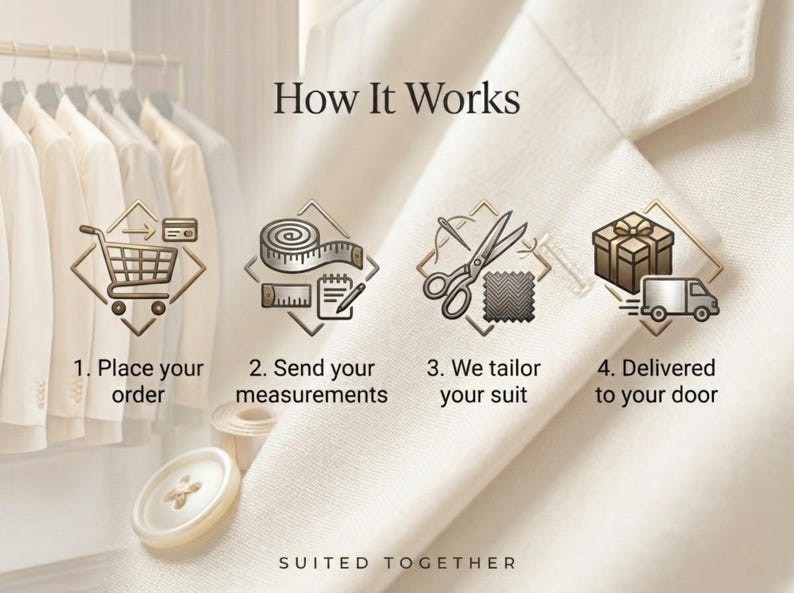 May include: An infographic titled How It Works with four steps: 1. Place your order with a shopping cart icon, 2. Send your measurements with a tape measure icon, 3. We tailor your suit with scissors, 4. Delivered to your door with a gift box and truck.