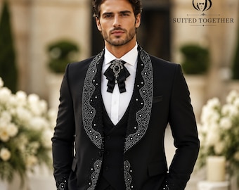 Custom zwarte luxe bruiloft smoking voor mannen, 3-delig slim fit pak, strass sjaal revers bruidegom galablazer