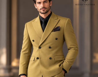 Camel Wedding Suit for Men, Double Breasted Slim Fit Groom Suit, 2 Piece Formal Blazer and Pants, Luxury Men's Business Suit