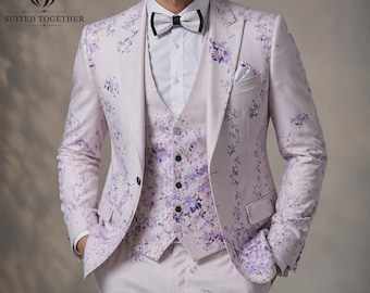 Custom lila bloemen bruidegom smoking, 3-delig slim fit trouwpak heren, lavendel botanische blazer vest broek set, lente trouwpak