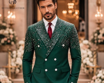 Aangepast smaragdgroen trouwpak heren, bruidegom smoking, double-breasted blazer, strass revers baljurk