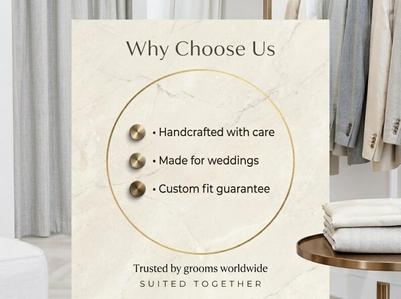 May include: A rectangular sign with a cream marble background featuring the text Why Choose Us, Handcrafted with care, Made for weddings, Custom fit guarantee, Trusted by grooms worldwide, and SUITED TOGETHER, accented by three gold circular icons.