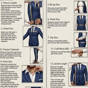 May include: An instructional infographic titled How to Measure your BODY SIZE, featuring twelve numbered steps with illustrations of a person in a blue suit using a yellow measuring tape to measure shoulder, sleeve, chest, stomach, bicep, waist, hip, outseam, neck, thigh, cuff, and jacket length.