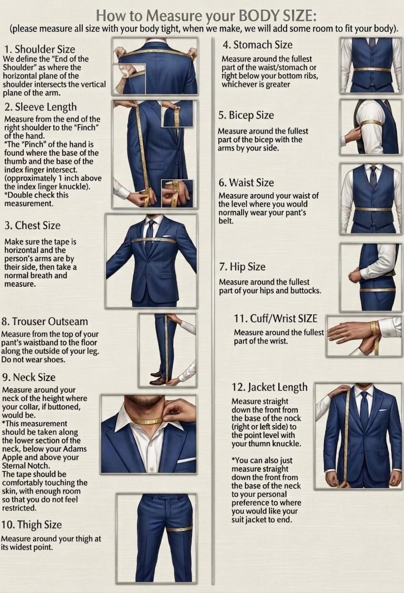 May include: An instructional infographic titled How to Measure your BODY SIZE, featuring twelve numbered steps with illustrations of a person in a blue suit using a yellow measuring tape to measure shoulder, sleeve, chest, stomach, bicep, waist, hip, outseam, neck, thigh, cuff, and jacket length.