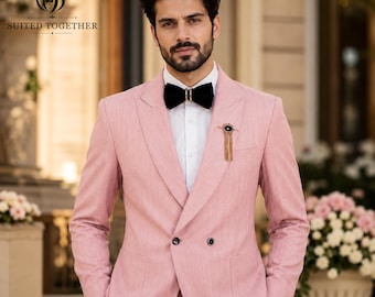 Aangepast roze trouwpak voor heren, double-breasted slim-fit bruidegom smoking, moderne formele blazerset. Blauw, zwart, beige