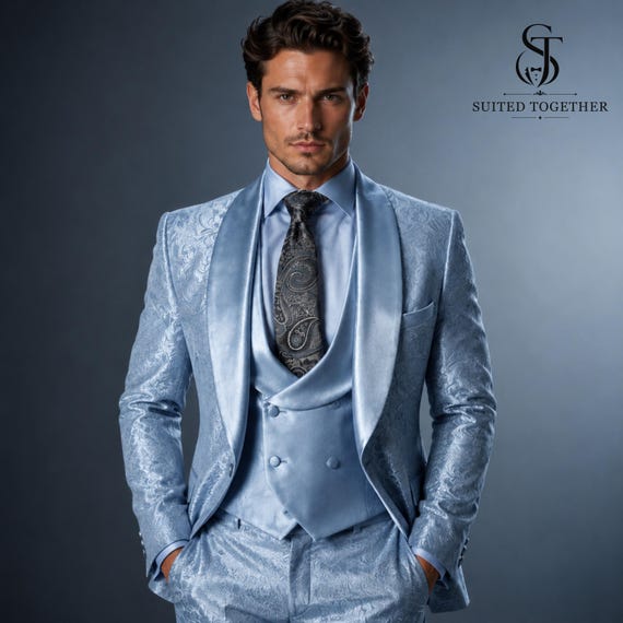 Custom Sky Blue Jacquard Groom Tuxedo, Shawl Lapel 3 Piece Wedding Suit Men, Luxury Slim Fit Blazer Vest Pants Set, Formal Prom Suit