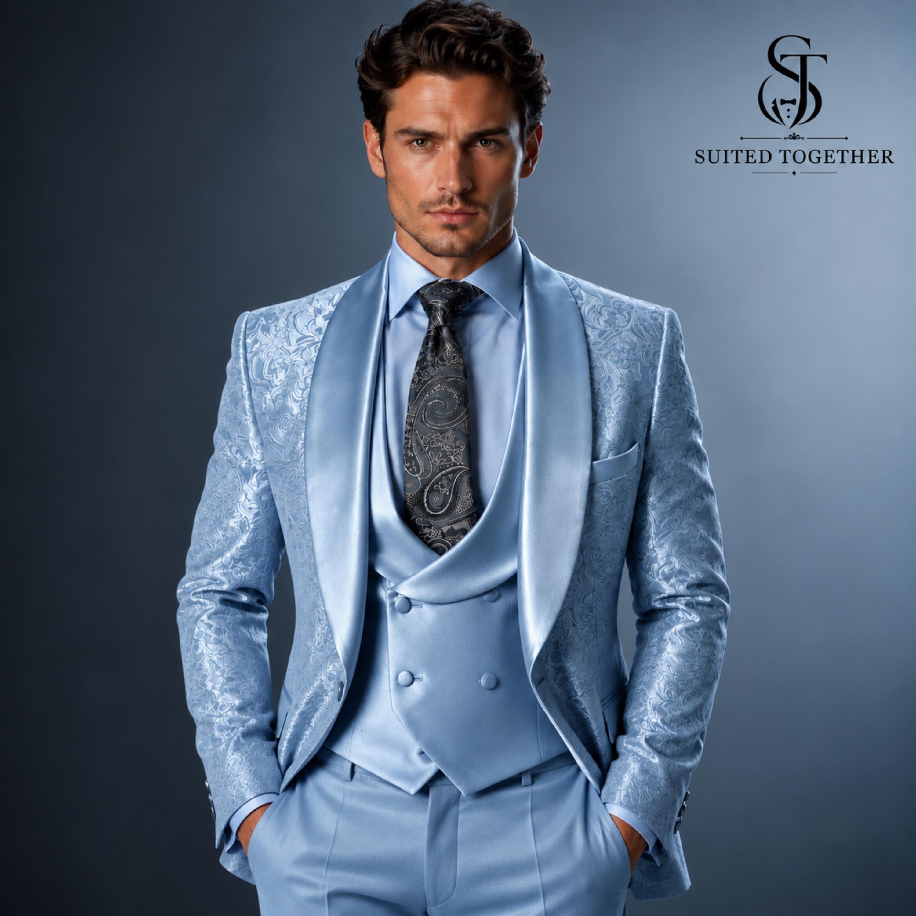 Custom Sky Blue Jacquard Groom Tuxedo, Shawl Lapel 3 Piece Wedding Suit Men, Luxury Slim Fit Blazer Vest Pants Set, Formal Prom Suit