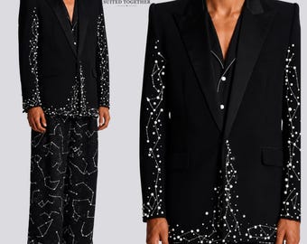 Aangepaste zwarte kralen trouwpak heren, luxe bruidegom smoking, parel verfraaid piek revers blazer, modern galakostuum